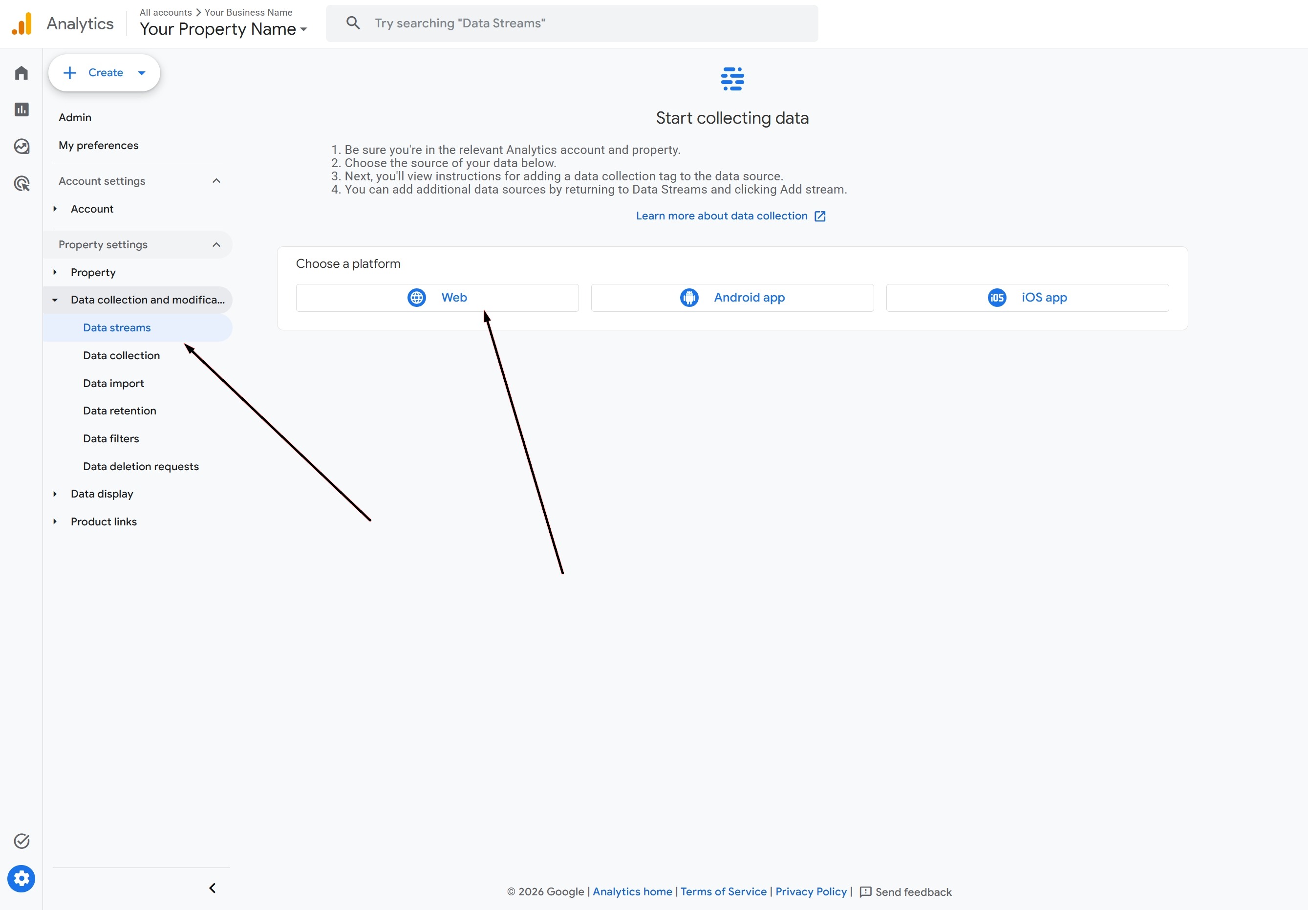 Google Analytics Start collecting data screen reached from Data streams in the sidebar, showing the Choose a platform options Web, Android app and iOS app