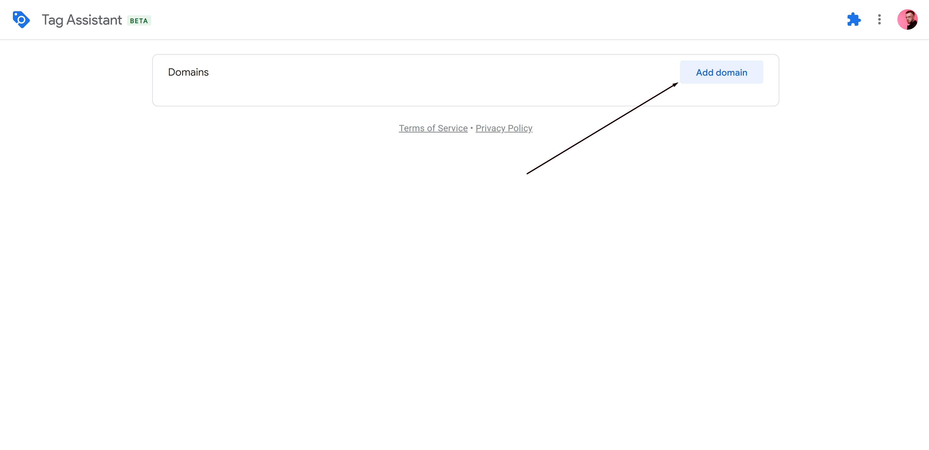 Google Tag Assistant homepage with an empty Domains list and the Add domain button highlighted