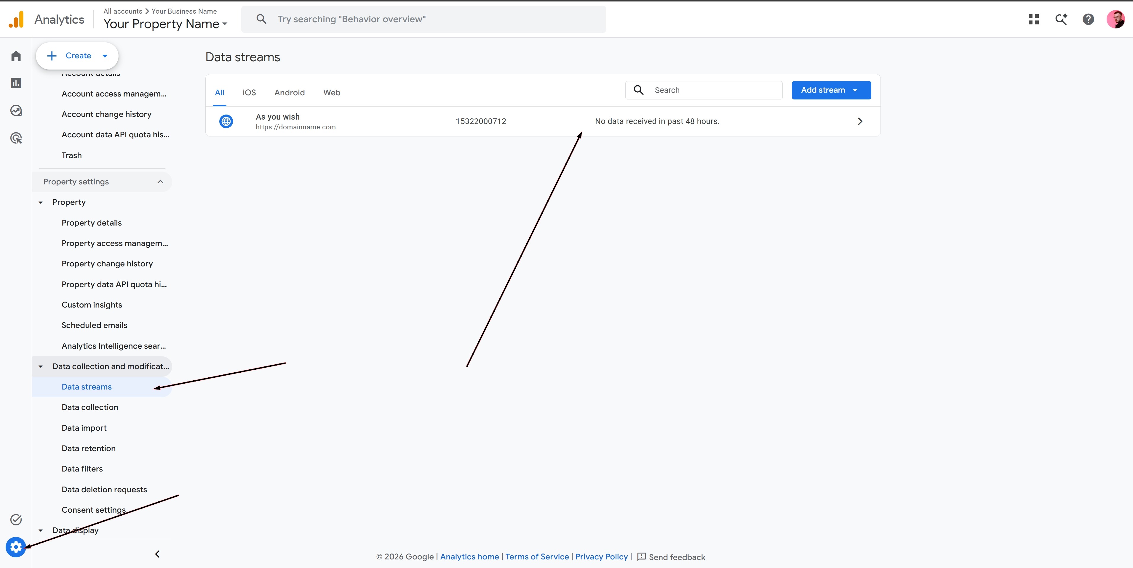 Google Analytics Data streams list with the existing web stream row and the Data Streams sidebar item highlighted