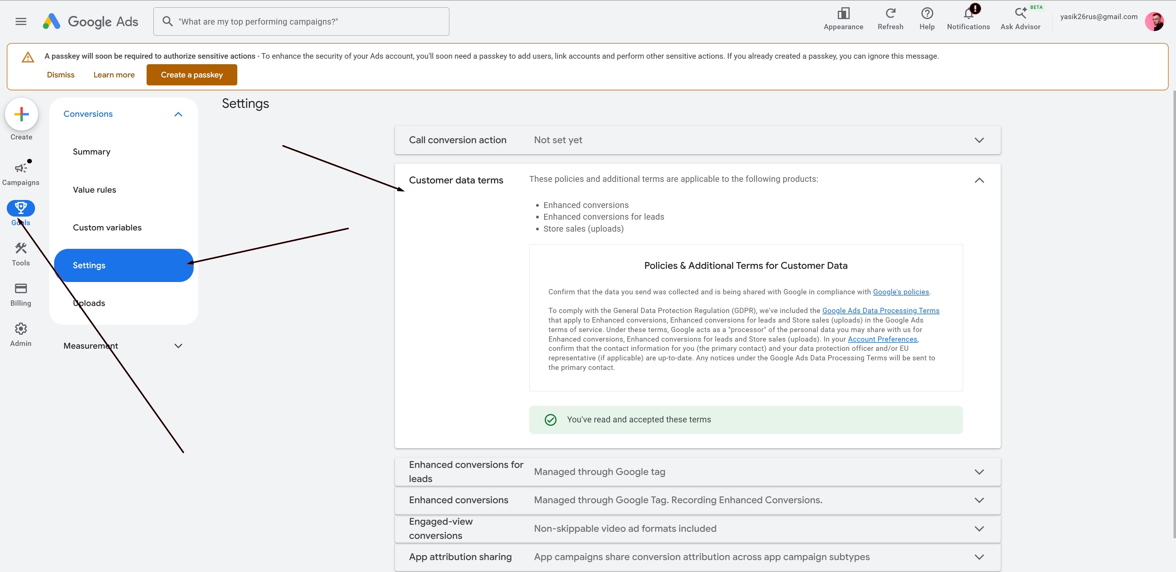 Google Ads Goals Settings page with the Customer data terms section expanded, listing Enhanced conversions, Enhanced conversions for leads and Store sales (uploads), and a green You've read and accepted these terms confirmation