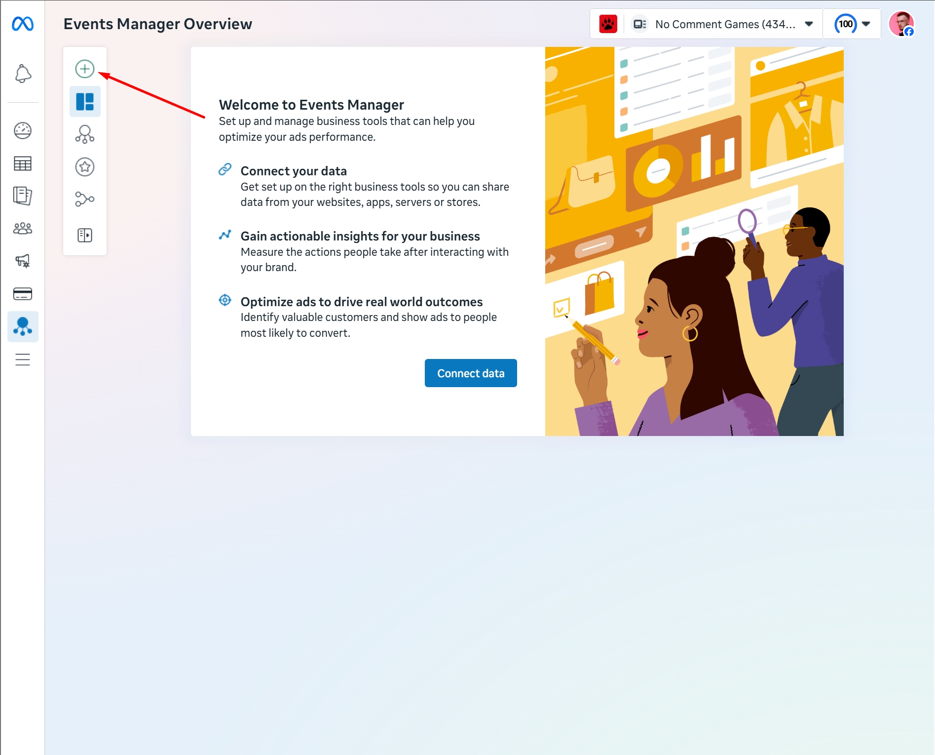Meta Events Manager Overview page with the + icon highlighted in the left toolbar, used to add a new data source