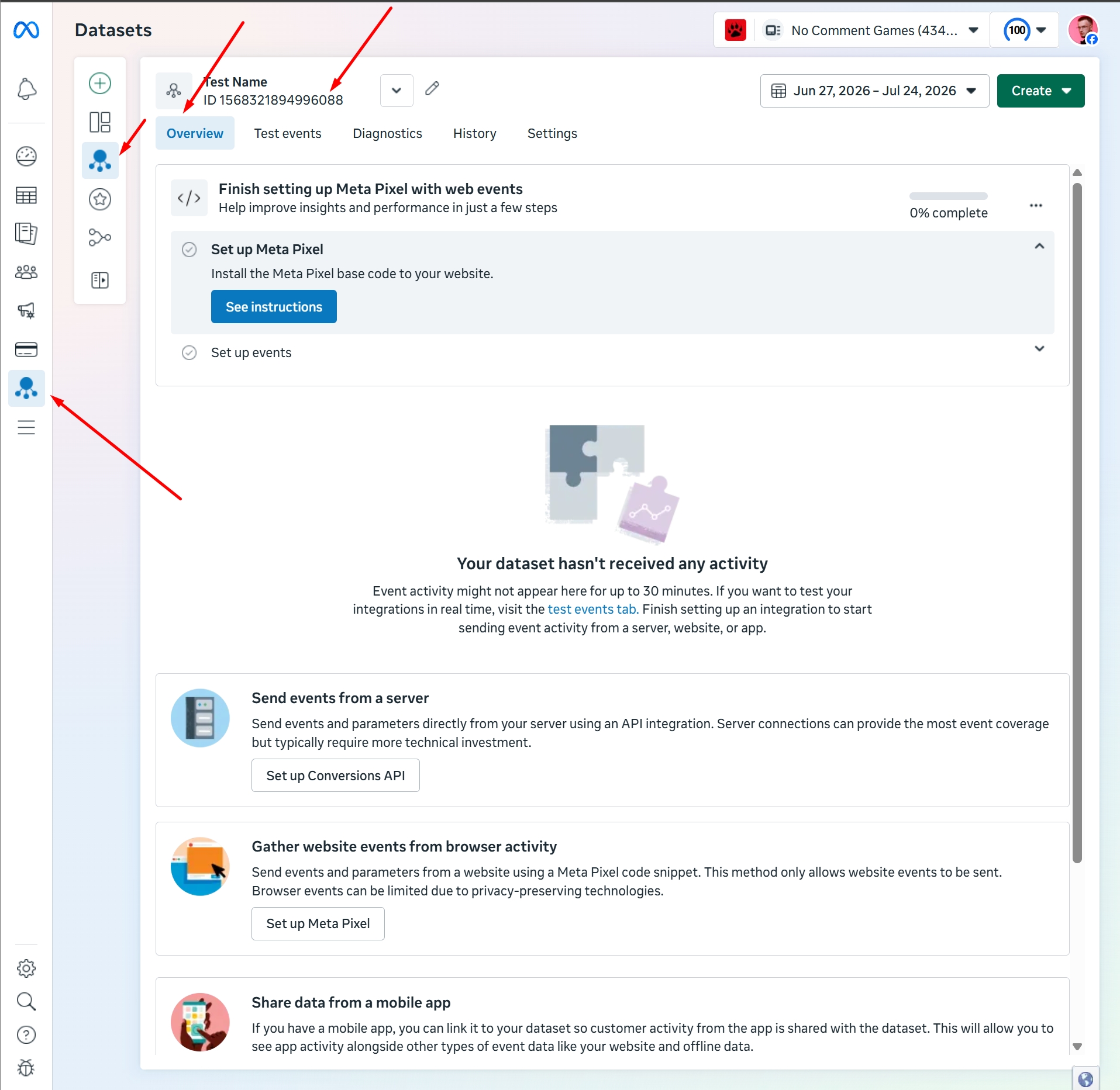 Meta Events Manager Datasets Overview page with the Pixel name and ID 1568321894996088 highlighted next to the Datasets sidebar icon