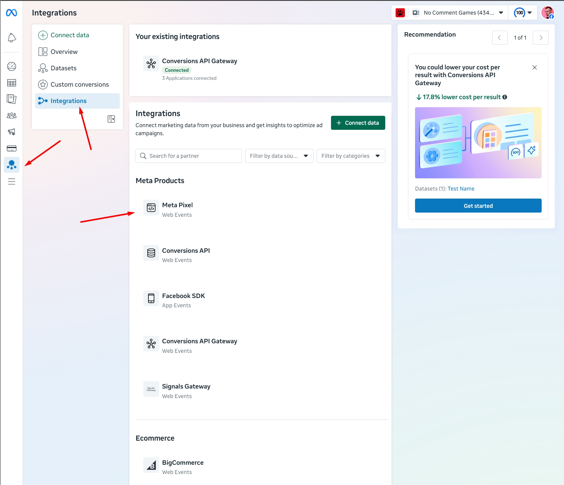 Meta Events Manager Integrations page with the Integrations sidebar item and the Meta Pixel row highlighted under Meta Products