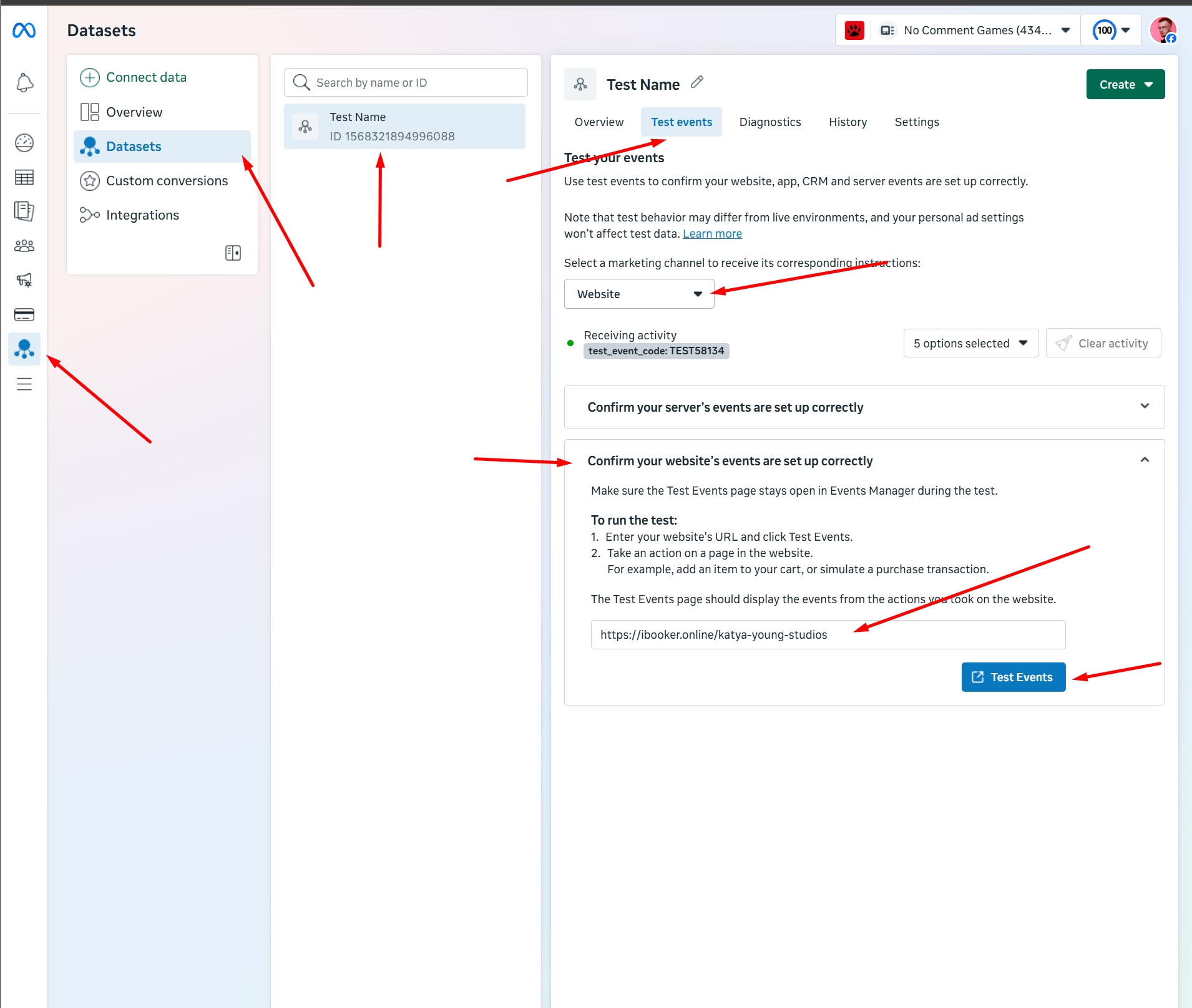 Meta Datasets Test events tab with Website selected as the marketing channel, a website URL field filled with a booking page address, and the Test Events button highlighted