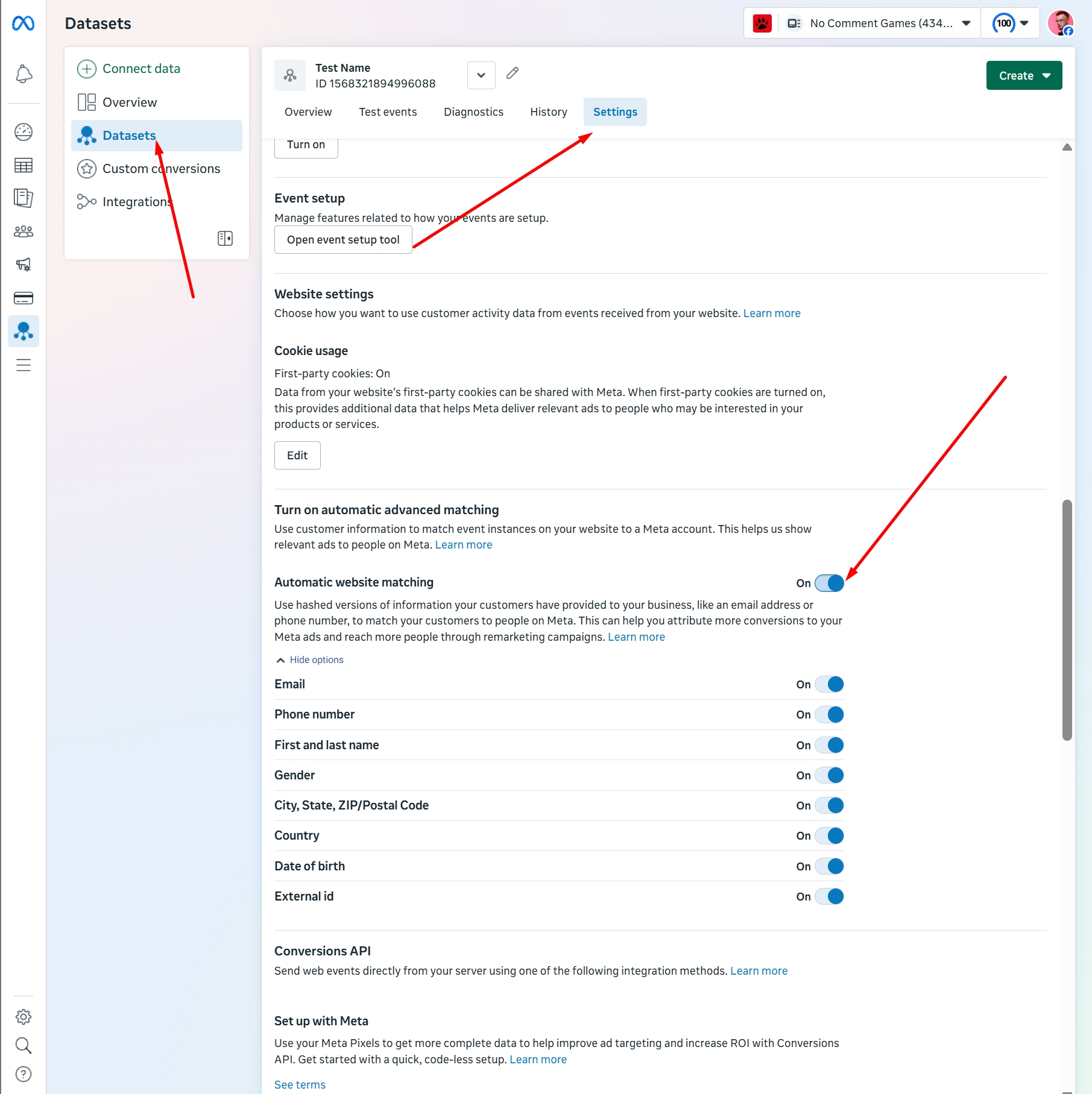 Meta Dataset Settings page with Automatic advanced matching turned on, and Email, Phone number, First and last name, Gender, City State ZIP, Country, Date of birth and External id all switched on